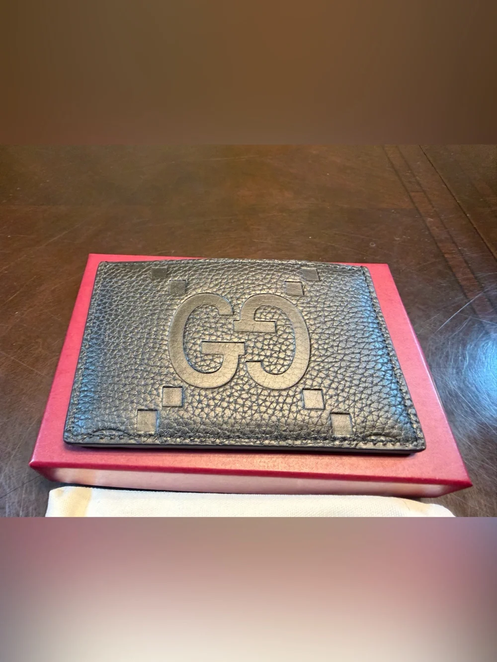 New Authentic Gucci GG Jumbo Logo Card Case Walllet Black Leather